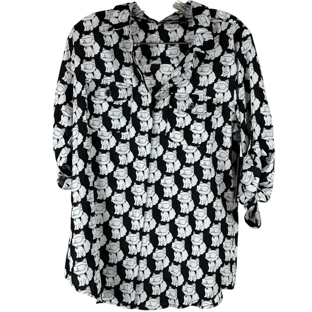 Karl Lagerfeld Paris Choupette Button Front Blouse Cat Print Women's Small NWT